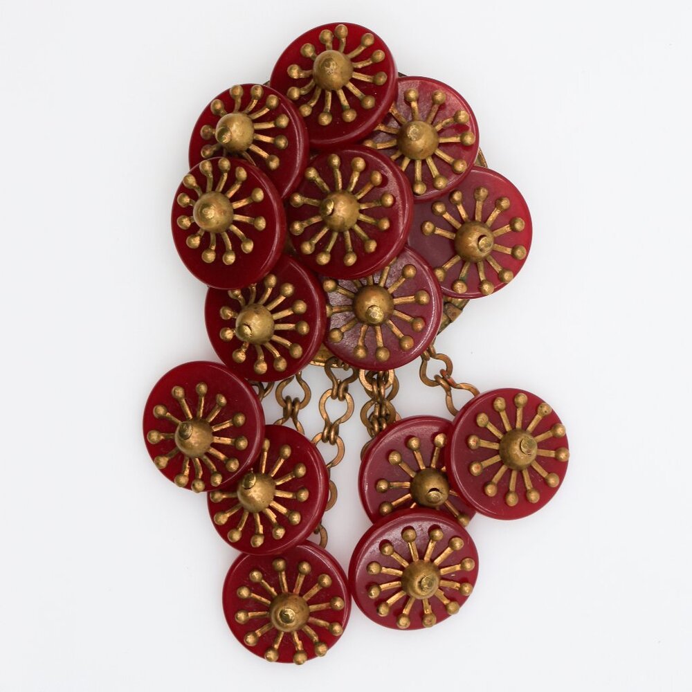 Vintage Red Bakelite Brooch Haskell Style W/ Brass Studs Dangling Buttons 1930s‎